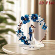 1pc 2D Flat Rotating Acrylic Wedding Couple Decor - 2D Flat Rotating Base With Blue & White Floral Arch, Sparkling Center Decoration, Suitable For Outdoor Tabletop Decor, Wedding/Anniversary Gift - A - View 3