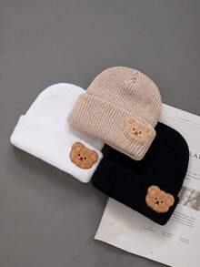 1/4pcs Baby Cute Plush Bear Knitted Hat, Autumn/Winter Warm Ribbed Knit Hat, Unisex Infant Toddler, Soft Breathable Elastic Cuffed Hat, - Multicolor - View 4