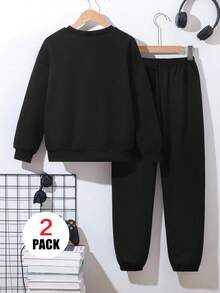 2pcs/Set Boys Casual Crew Neck Sweatshirt And Sweatpants Set, Comfortable And Soft, With Slogan Graphic, Suitable For Autumn/Winter Wear - Black - View 2