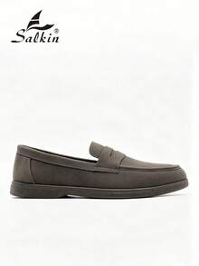 Salkin 經典時尚設計師男士套腳樂福鞋，純色仿麂皮莫卡辛休閒鞋，平價奢華感，柔軟舒適透氣防滑耐磨平底休閒鞋，時尚百搭適合學生返校季畢業典禮學院風商務正式鞋男士辦公室派對宴會婚禮新郎鞋春夏秋季大尺碼男鞋多色可選，尺碼偏小，請選擇大一號 - 灰色 - 查看 3