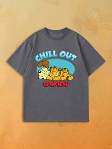 SHEIN | Garfield 女款深灰色圓領T恤，Napping & Odie CHILL OUT 泡泡字Logo印花，寬鬆休閒短袖 - 灰色 - 查看 1