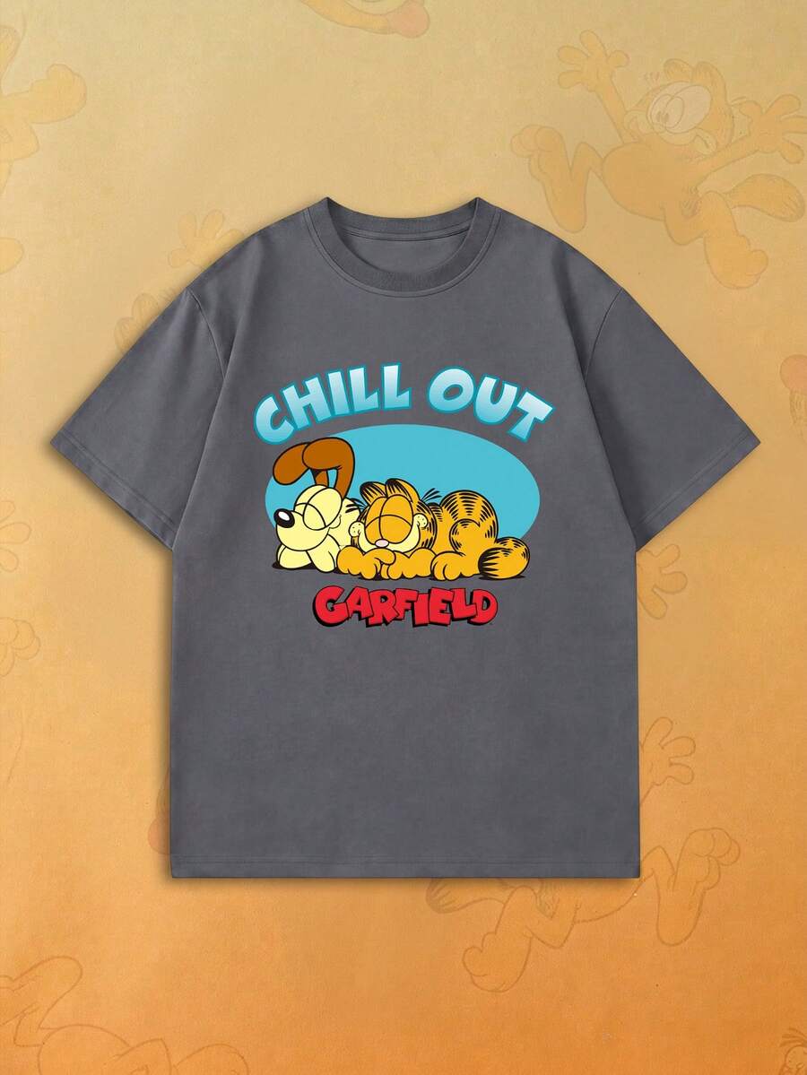 SHEIN | Garfield 女款深灰色圓領T恤，Napping & Odie CHILL OUT 泡泡字Logo印花，寬鬆休閒短袖 - 灰色 - 查看 1
