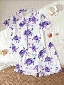 2pcs/Set Kids Dreamy Purple Sea Turtle Pajamas, New Style Collared Short Sleeve Shirt And Loose Elastic Waist Ruffle Hem Shorts Set, Printed With Dreamy Purple Sea Turtle And Ocean Bubble Patterns, Suitable For Children And Teens Daily Wear And Party - White - View 1