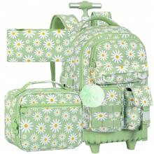 3pcs/Set Girls Daisy Print Pom Pom Pendant Durable Oxford Cloth Rolling Luggage Bag With Adjustable Shoulder Strap Zipper Closure Sweet Student Backpack Set, Suitable For School And Travel - Single Pull Rod, Three Front Pockets, Daisy - View 15