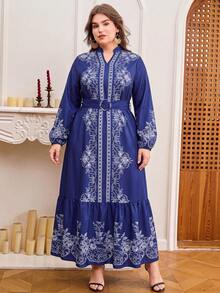 DEARCASE Plus Size Women Long Sleeve Floral Print Dress Vacation Elegant - Navy Blue - View 4
