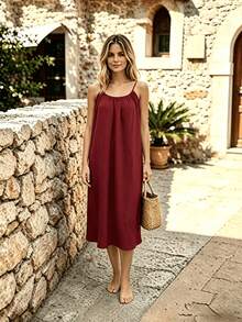 Perfect For Your Vacation! Midi Dress With Thin Straps, Open Back With Drawstring, Lightweight Fabric That Flatters Your Figure. - 酒紅色 - 查看 3