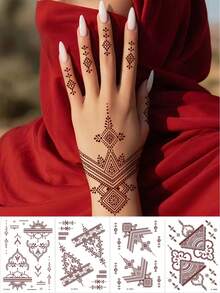 4張海娜臨時紋身貼 防水棕色 Mehndi 手部紋身貼 簡單紅色海娜紋身貼紙 適用於女性化妝、齋月、情人節、婚禮派對、節慶必備穆斯林 Abaya 配件 - 棕色 - 查看 1