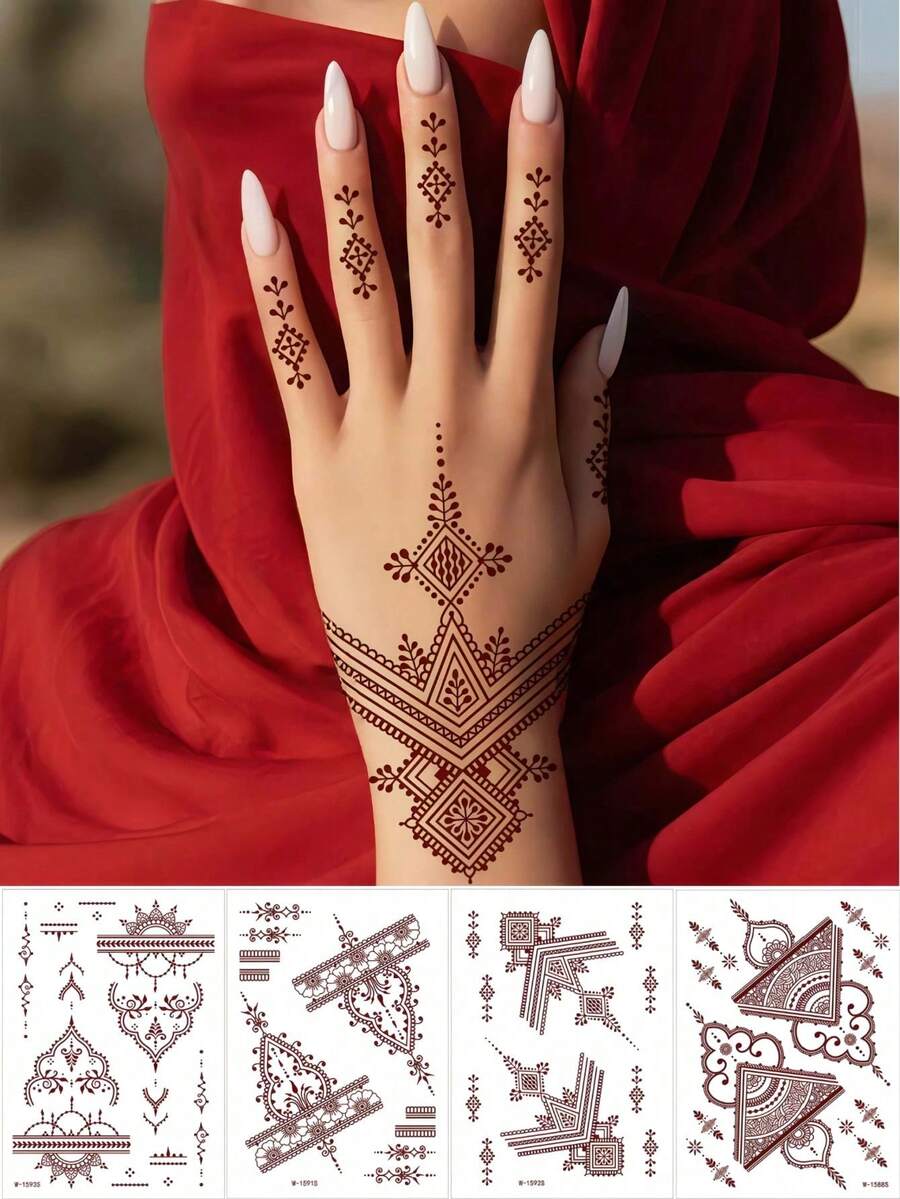 4張海娜臨時紋身貼 防水棕色 Mehndi 手部紋身貼 簡單紅色海娜紋身貼紙 適用於女性化妝、齋月、情人節、婚禮派對、節慶必備穆斯林 Abaya 配件 - 棕色 - 查看 1