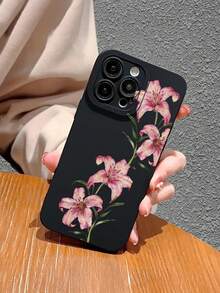1 pieza Funda protectora de teléfono con patrón de flor de lirio rosa, resistente al agua, duradera, a prueba de polvo, de moda, minimalista, protección de cámara, textura mate negra de cobertura completa, compatible con iPhone 17/16/15/14/13/12/11/7/8/XR/XS/Plus/Pro/Promax y serie Galaxy S/A, adecuada como regalo para amigos, familia, novia, novio, regalo perfecto para vacaciones - Negro - Ver 3