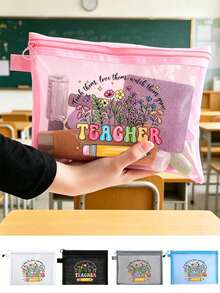Colorful Floral "Teacher" Design Teacher-Themed Mesh Makeup Bag - Zippered Travel Organizer Bag For Cosmetics, Multi-Purpose Makeup Bag, Organizer Bag, Portable Makeup Storage Bag, Jewelry Accessories, Perfect For Back To School, Birthday, Holiday, Teacher's Day And Other Teacher Gifts, Creative Teacher Gift - Multicolor - View 1