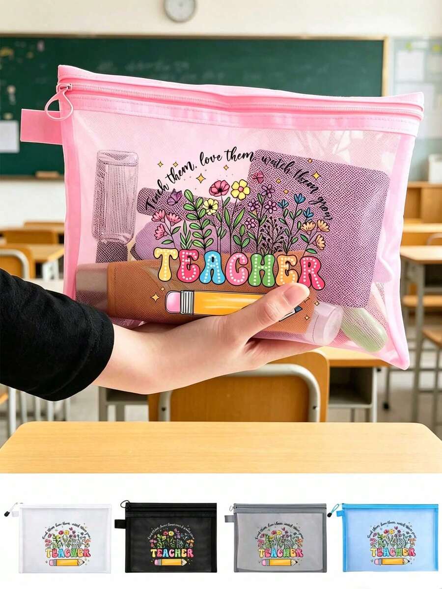 Colorful Floral "Teacher" Design Teacher-Themed Mesh Makeup Bag - Zippered Travel Organizer Bag For Cosmetics, Multi-Purpose Makeup Bag, Organizer Bag, Portable Makeup Storage Bag, Jewelry Accessories, Perfect For Back To School, Birthday, Holiday, Teacher's Day And Other Teacher Gifts, Creative Teacher Gift - Multicolor - View 1