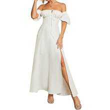 New Style Summer Dress With Puff Sleeves, Strapless, Solid Color, Short Sleeves And Slit At The Hem For Women. - 白色 - 查看 3