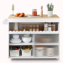 Folding Kitchen Island Trolley, Oak Veneer Worktop, Tempered Glass Sliding Doors, Adjustable Shelves, Towel Rack, Large Kitchen Island Trolley - White - View 3