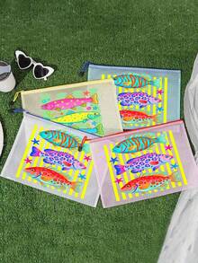 Bolsa de playa impermeable de moda con patrón de peces de colores, bolsa de maquillaje transparente de gran capacidad con tema oceánico, cremallera de nailon, bolsa de almacenamiento ligera con protección solar, bolsa de almacenamiento multifuncional, adecuada para natación, playa, buceo y verano - Multicolor - Ver 3