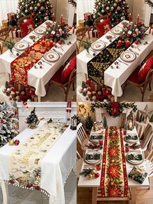 1pc 35*180cm/13.78*70.87inch Christmas Decorative Polyester Table Runner With Gingerbread Man, Poinsettia, Snowflake, Pine Branch, Red Berry, Candy Cane, Bell, Reindeer, Golden Christmas Tree, Snowflake, Five-Pointed Star Cartoon Pattern Design, Suitable For Home Dining Table Holiday Decoration, Festive Atmosphere Christmas Tablecloth, Desktop Decorative Fabric - Multicolor - View 1