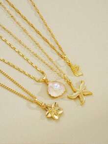 4pcs Bohemian Style Summer Ocean Theme Starfish Shell Pearl Flower Pendant Women's Multi-Layer Stackable Necklace, Suitable For Beach Vacation, Travel, Women's Daily Decoration, Outfit Matching, Please Do Not Touch Water To Avoid Rusting - Gold - View 4