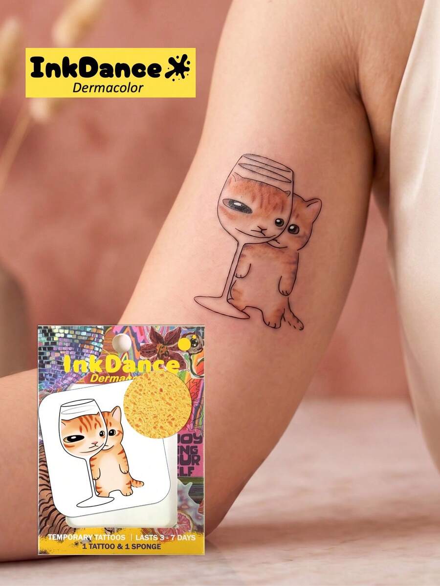 1 Set "Naughty Cat" Temporary Tattoo Stickers, Funny Expression Cute Kitten Realistic Tattoo, Waterproof, Realistic Tattoo Effect, Colorful, Easy To Apply And Remove CSX051 - Multicolor - View 1