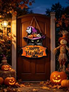 1 Set Halloween Door Decor - Witch Hat, Black Cat And Happy Halloween Banner - Indoor/Outdoor Hanging Decoration - Suitable For Halloween Party, Home Decor Or Gift - Vintage Halloween Door Decor - Multicolor - View 5