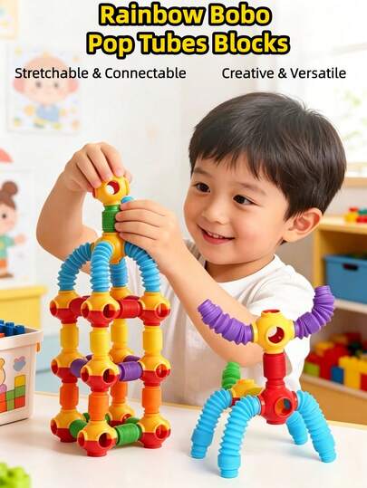 Bộ 14 món khối xây dựng ống co giãn pop-up cầu vồng cho trẻ em, đồ chơi giáo dục cảm giác giảm căng thẳng cho bé, bộ đồ chơi lắp ráp DIY, 124 món/bộ kèm túi đựng, khối linh hoạt uốn cong nối được, đồ chơi để bàn mầm non có đầu nối, chất liệu PP, phù hợp cho bé trai và bé gái từ 3 tuổi trở lên, phát triển trí não vận động tay, khối ống co giãn nhiều màu, quà sinh nhật, giáo dục lớp học, quà lễ hội