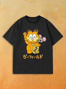 SHEIN | Garfield 女款黑色T恤，幸運招財貓與老鼠日文字母印花，寬鬆短袖，適合日常街頭女孩休閒穿搭 - 黑色 - 查看 1