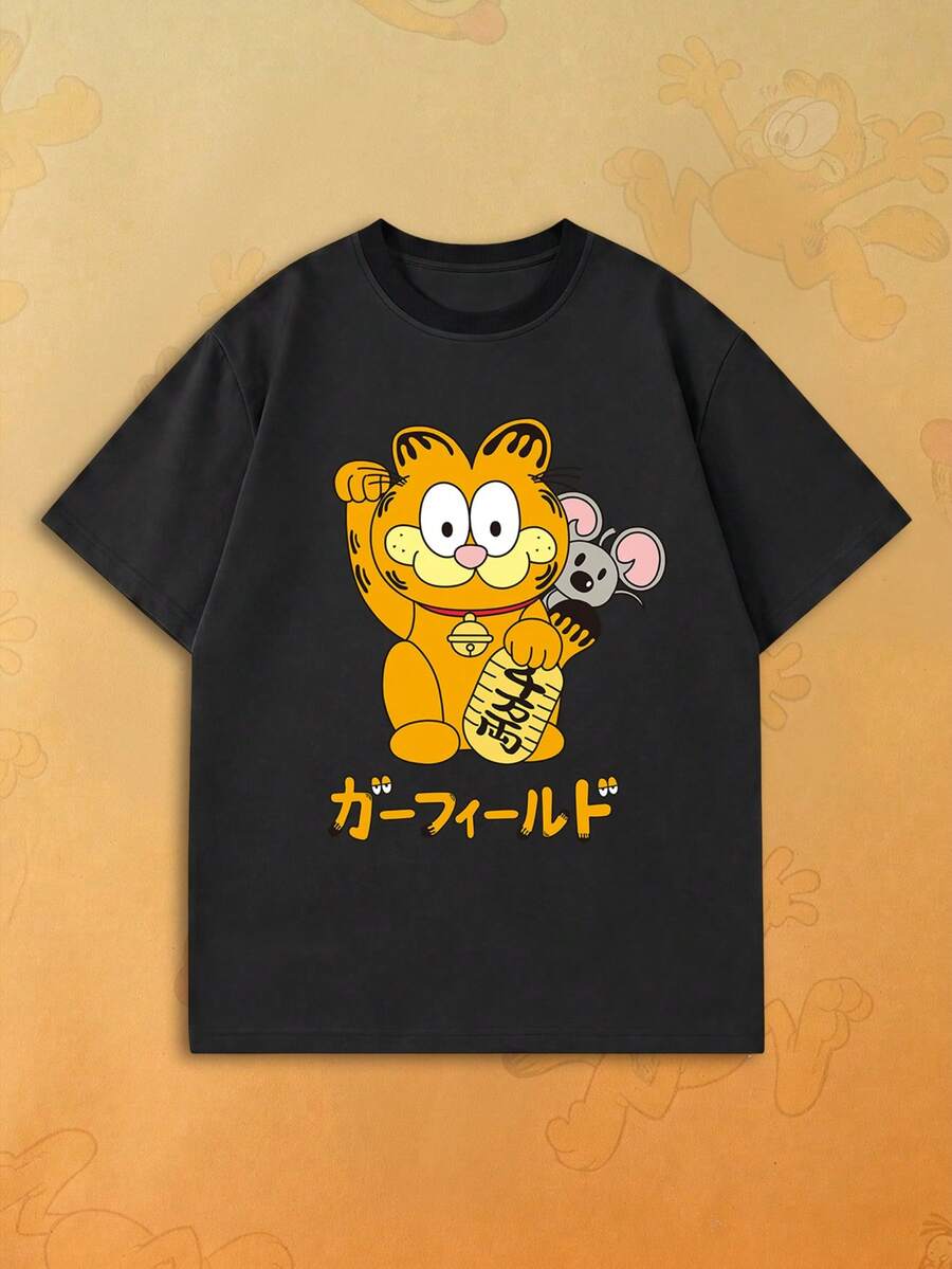 SHEIN | Garfield 女款黑色T恤，幸運招財貓與老鼠日文字母印花，寬鬆短袖，適合日常街頭女孩休閒穿搭 - 黑色 - 查看 1