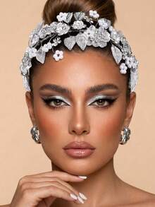 1pc Elegant Bridal Headband Alloy Flower & Leaf Design For Women, Suitable For Wedding Party - Silver - View 2
