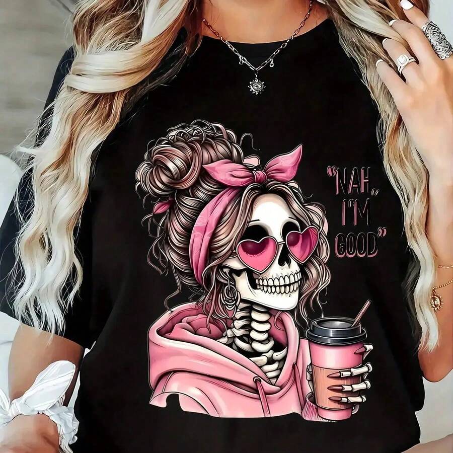 100% algodónCamiseta Oversize de Manga Corta con Estampado de Corazón Rosa y Esqueleto de Café - Suave y Transpirable, Cuello Redondo, - Negro - Ver 1