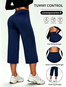 1pc Women's Yoga Pants Casual Sports Straight Leg High Waist Slimming Tummy Control Dance Wide Leg Capri Pants - Navy Blue - View 2