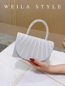 Elegant Silver Satin Pleated Evening Clutch Bag With Rhinestone And Pearl Handle, High-End Bridesmaid Wedding Dress Bag, Sophisticated Lady Crossbody Small Square Bag With Detachable Chain, Suitable For Formal Banquets, Balls, Parties, Holiday Celebrations, Dates, Social Events, Anniversary, Valentine's Day, Christmas, Mother's Day, Thanksgiving, Birthday Gift - Silver - View 3