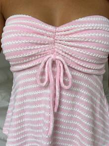 Top de tubo de punto a rayas rosas con cordón para verano - Rosa - Ver 7