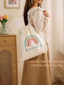 Customized Name Initial Print Rainbow Drawstring Gym Bag, Adjustable Lightweight Shoe Storage Bag, Personalized Birthday Back To School Gift - Multicolor - View 1