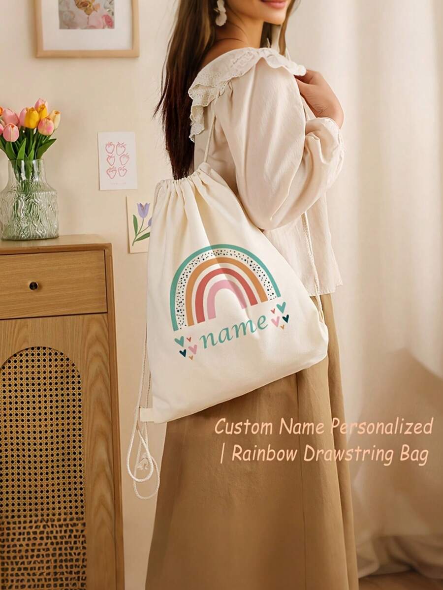 Customized Name Initial Print Rainbow Drawstring Gym Bag, Adjustable Lightweight Shoe Storage Bag, Personalized Birthday Back To School Gift - Multicolor - View 1