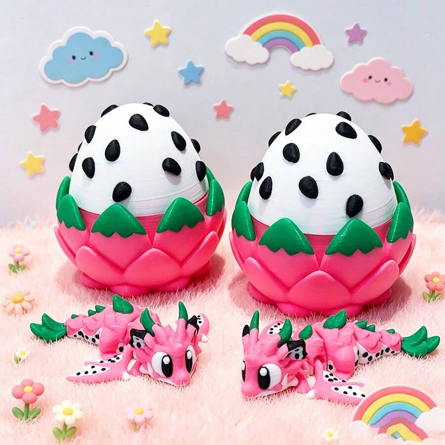 Cute Adorable 3D Printed Dragon Fruit Dragon And Dragon Egg Model Plastic Toy Desktop Decoration Sculpture Ornament Holiday Gift