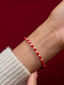 1pc S925 Sterling Silver Red Cord Adjustable Bracelet, Gentle Vibe, Versatile For Daily Commute, Minimalist Niche Chic, New Chinese Style, Gift For Best Friend Or Couple - Beads - View 10