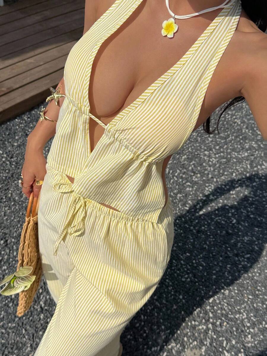 女款休閒條紋百褶性感掛脖綁帶上衣與寬鬆長褲海灘兩件套 - 黃色 - 查看 1