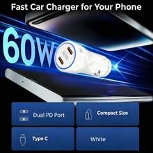 60W Dual Port USB C Car Charger For IPhone 17 16 15, With USB C Data Cable, Type C Car Adapter, Compatible With IPhone 17 16 15 Pro/Pro Max, Android/Tablet/Series - White - Car Charger - View 2