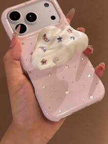 柔粉色小星星 3D 水鑽雲朵手機殼，適用於 Apple 17 Pro Max、16 Pro 新機、13、14 Pro，附支架，15 Pro 全包防摔，18、18 Pro Max - 粉色 - 查看 4