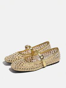 Women's Plus Size Mesh Breathable Rhinestone Ballet Shoes, Gold Square Toe New Style Fashion Date Night Flat Mary Jane Shoes, Comfortable For Walking - Gold - View 11