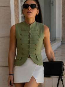 Chaleco de punto casual con cuello redondo, nudo y botones de unicolor, para primavera/verano - Verde - Ver 7