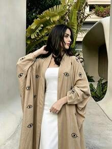 Middle Eastern Fashion Embroidered Cardigan Long Robe Arabian Dress White Linen Outerwear Women's Clothing - Khaki - View 3
