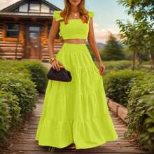 Conjunto de Vestido de Dos Piezas Elegante y Sexy de Color Sólido con Tirantes y Cintura Media para el Verano de 2026 - Blanco - Ver 11