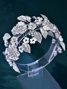 1pc Elegant Bridal Headband Alloy Flower & Leaf Design For Women, Suitable For Wedding Party - Silver - View 6