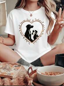 Camiseta de mujer con estampado de corazón de perro, tejido de calidad, cuello redondo, ajuste holgado, cómoda, estampado gráfico único - Blanco - Ver 1