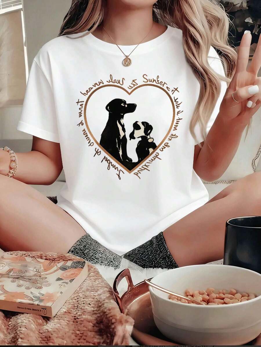 Camiseta de mujer con estampado de corazón de perro, tejido de calidad, cuello redondo, ajuste holgado, cómoda, estampado gráfico único - Blanco - Ver 1