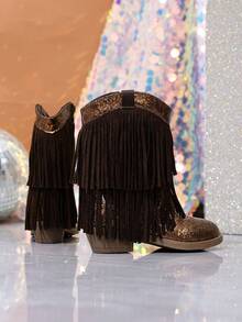 NILOSH Girls' Glitter Tassel Denim Boots, Western Mid-Calf Boots, Suitable For Parties, Dancing And Performances - Chocolate Brown - View 3