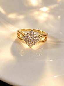 1pc S925 Sterling Silver Inlaid Synthetic Zirconia Geometric Square Women's Ring, Elegant Elegant Ladies Daily Wear Bohemian Quality Jewelry - Yellow Gold - View 4