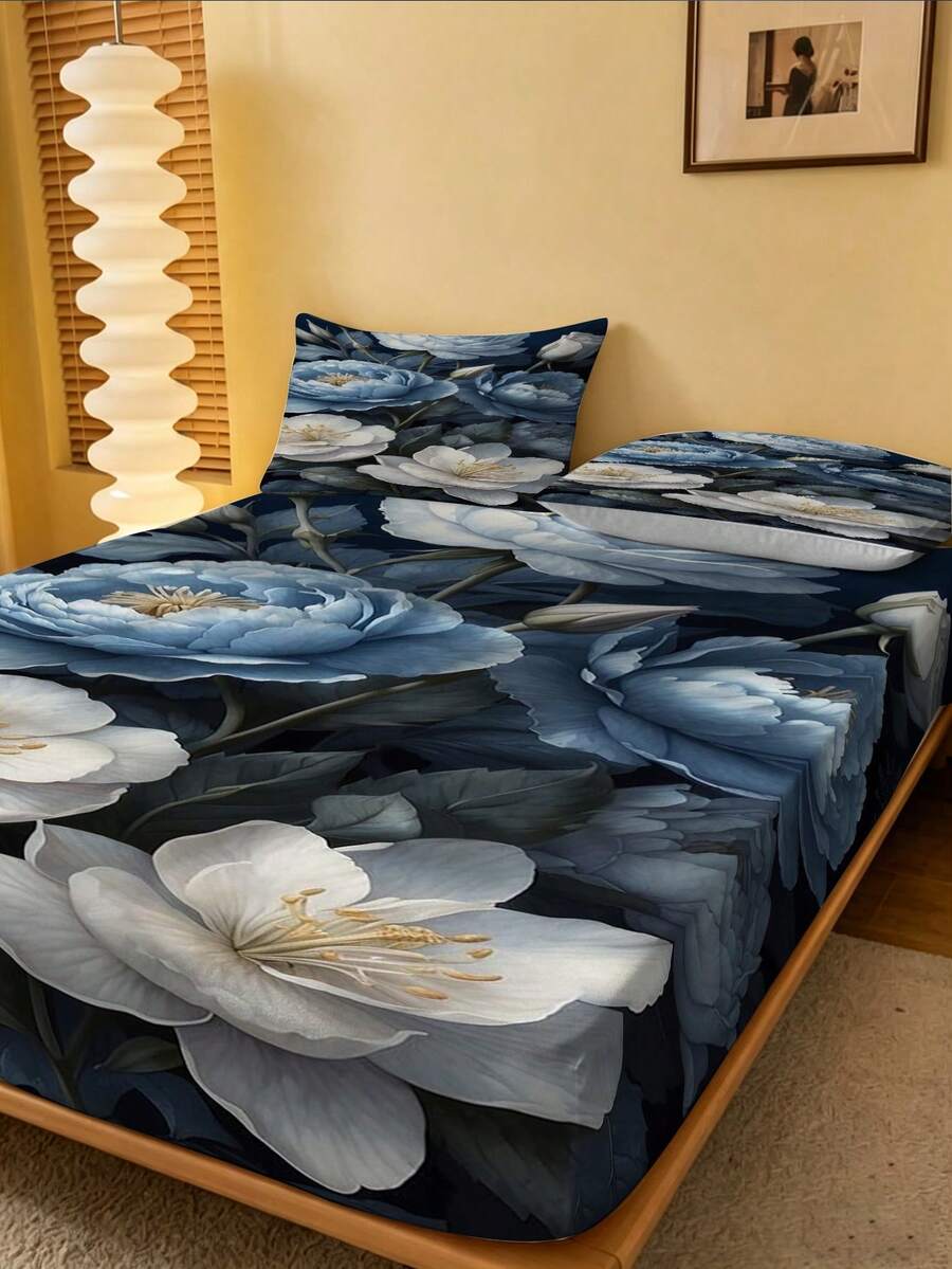 3pcs Ink Floral Pattern Fitted Sheet Set (Includes Pillowcases), Suitable For Spring Room Decor, Skin-Friendly Soft Breathable Fitted Sheet/Bedspread, Applicable For Home, Hotel, Bedroom - Multicolor - View 1