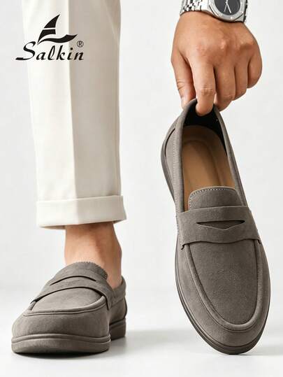 Salkin Classic Designer Men's Moccasin Solid Color Suede Slip On Penny Loafers For Men Soft Leather Shoes Gentleman Business Social Shoes Male Daily Office Party Casual Shoes Men Couple Date Romantic Dinner Back To School Season Student Shoes Campus Style, Please Choose One Size Up