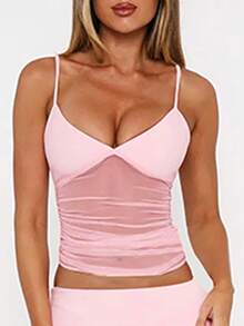 Women Solid Ruched Mesh Patchwork Sheer Strap Crop Camis Sexy Tops Spring/Summer/Autumn - Pink - View 4
