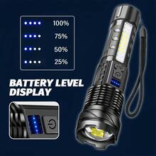 High Power LED Flashlight With COB Red & Blue Warning Side Lights, Rechargeable Zoomable Long Distance Torch For Fishing & Camping, 7 Adjustable Light Modes, Compact & Portable - Multicolor - View 8